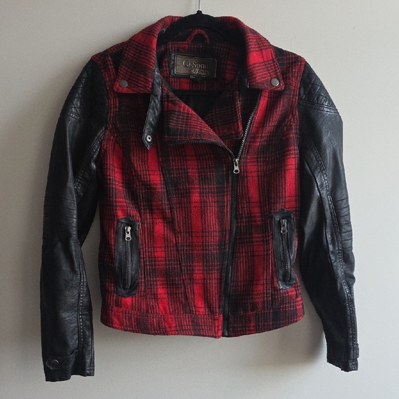 Ci Sono - Women's Red And Black Plaid Wool And Faux Leather Jacket - Size Medium - Picture 1 of 6